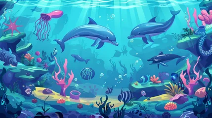 Schilderijen op glas Banner or arcade game level with sea underwater animals and seaweeds ocean landscape. Cartoon vector background with bright undersea biodiversity, dolphins, octopus, jellyfish and starfish on sea © Azad