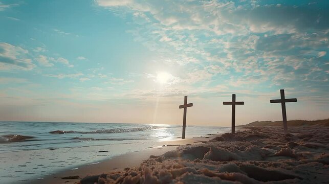 jesus cross on the beach christian calm video loop animation cloudy sky good friday golgotha hill of calvary near sea