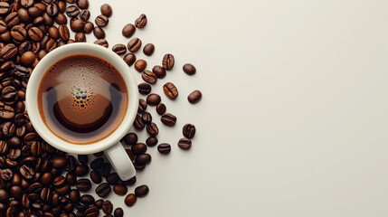 Top view of a steaming cup of espresso amidst scattered coffee beans, on a neutral background. - obrazy, fototapety, plakaty