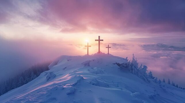 Jesus Cross on top of mountain snowy with pink morning sky little sun animated cloud hill of calvary