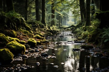 River flowing through forest with trees, moss, and lush terrestrial plants