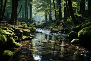 Water flows through a forest stream, surrounded by mosscovered rocks and trees