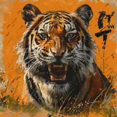 Wild Savannah with Tigers: Yellow and Brown Colors, Japanese Brushwork