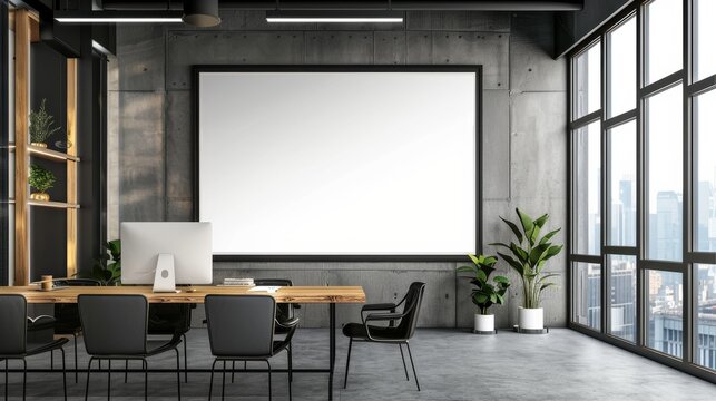 Blank horizontal poster on the wall in modern office with clipping path around poster 