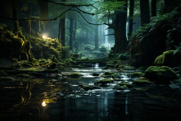 A river flows through the forest, enhancing the natural landscape at midnight
