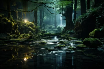 Foto op Aluminium Berkenbos A river flows through the forest, enhancing the natural landscape at midnight