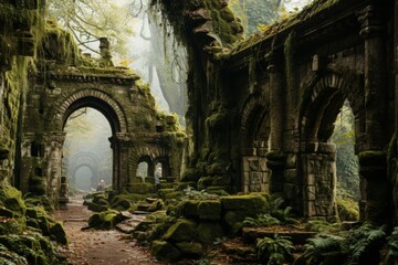 Medieval building in forest covered in moss, blend of history and nature