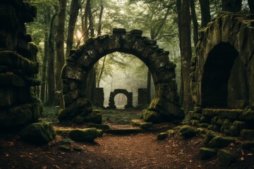 A stone archway amidst a dark forest, blending art and natural landscape