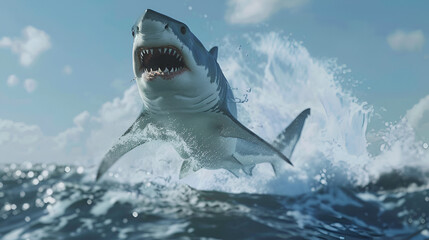 Fototapeta premium Great White Shark Jumps Out of the Ocean Aspect 16:9