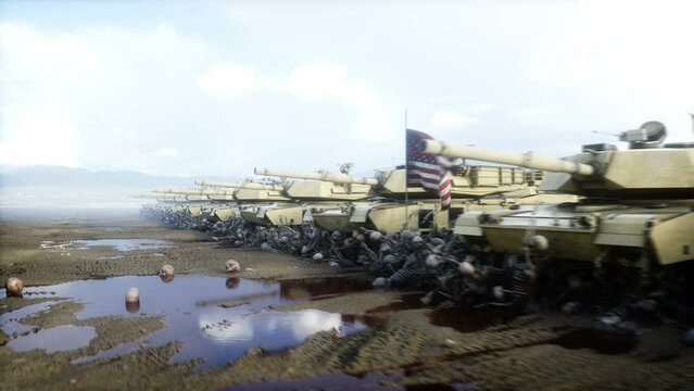American military tanks Abrams and skulls. Help for ukraine. Anti war concept.