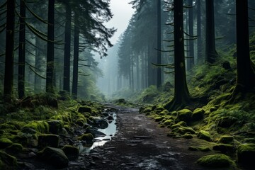 A path through a forest with trees, rocks, and grass