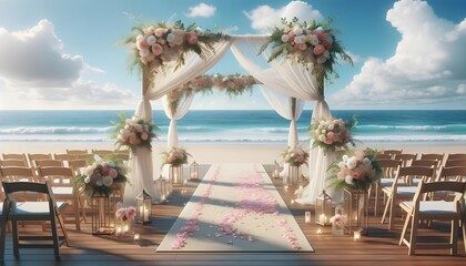 An elegant beach wedding setup with a floral arch, white drapery, and a petal-strewn aisle leading to the serene ocean backdrop.

