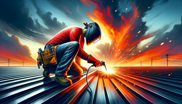 A welder in a protective helmet is welding a metal structure with intense sparks flying, against a dramatic sunset sky.

