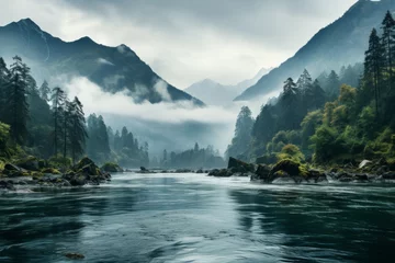 Fotobehang A river flows through a mountainous landscape on a cloudy day © Yuchen