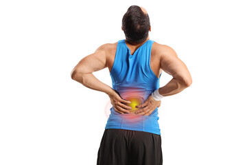 Rear view shot of a male athlete stretching his back with red inflamed spot and bone