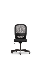 Studio shot of a black office chair with mesh back support