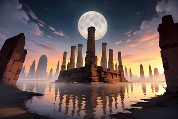 月夜のRPG滅びた都市のケルト風遺跡城ゲーム背景イラスト
