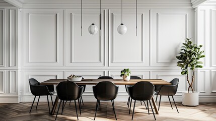 Fototapeta na wymiar Interior design of modern white dining room. Black chairs and wooden dining table against of classic white paneling wall. clean dining room