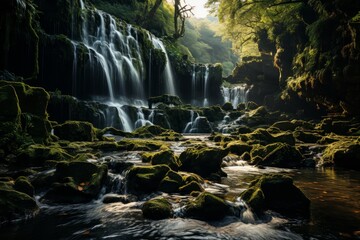 River flows through forest with majestic waterfall and lush vegetation