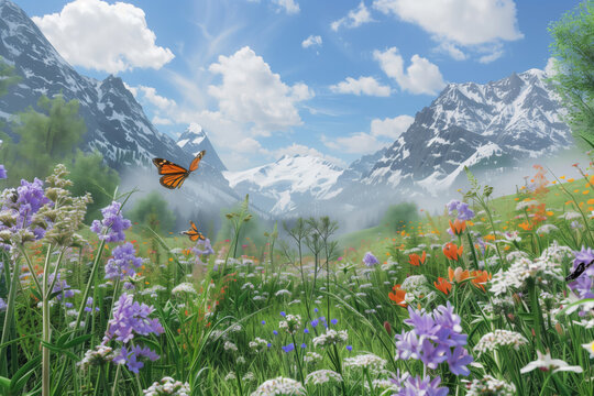 Idyllic spring meadow with wildflowers and a butterfly against snow-capped mountains