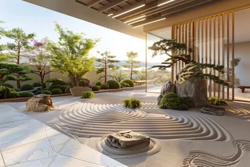 Foto auf Acrylglas Antireflex Tranquil 3d rendering of a traditional Japanese Zen garden with raked sand and bonsai trees © Татьяна Евдокимова