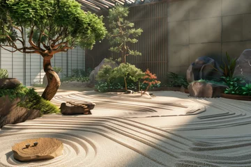 Tuinposter Tranquil corner in a Zen garden, showcasing meticulously raked sand patterns and vibrant plants © Татьяна Евдокимова