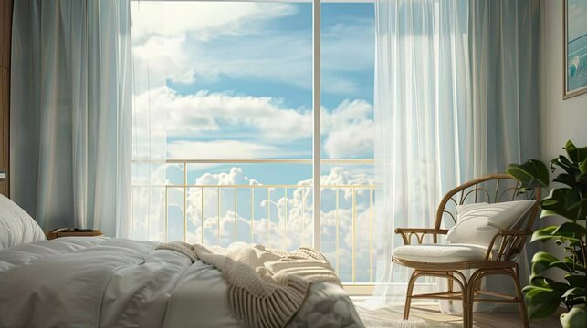 white simple bedroom with flufy bedcover and balcony view of cloudy sky bed room on the tower high rise building