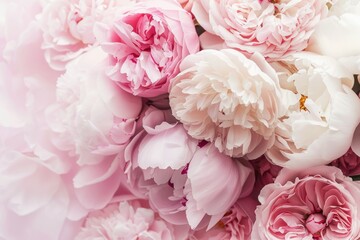 Bouquet of pink and white peony flowers as background, banner, closeup view.