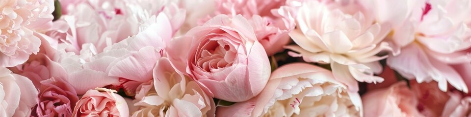 Bouquet of pink and white peony flowers as background, banner, closeup view.