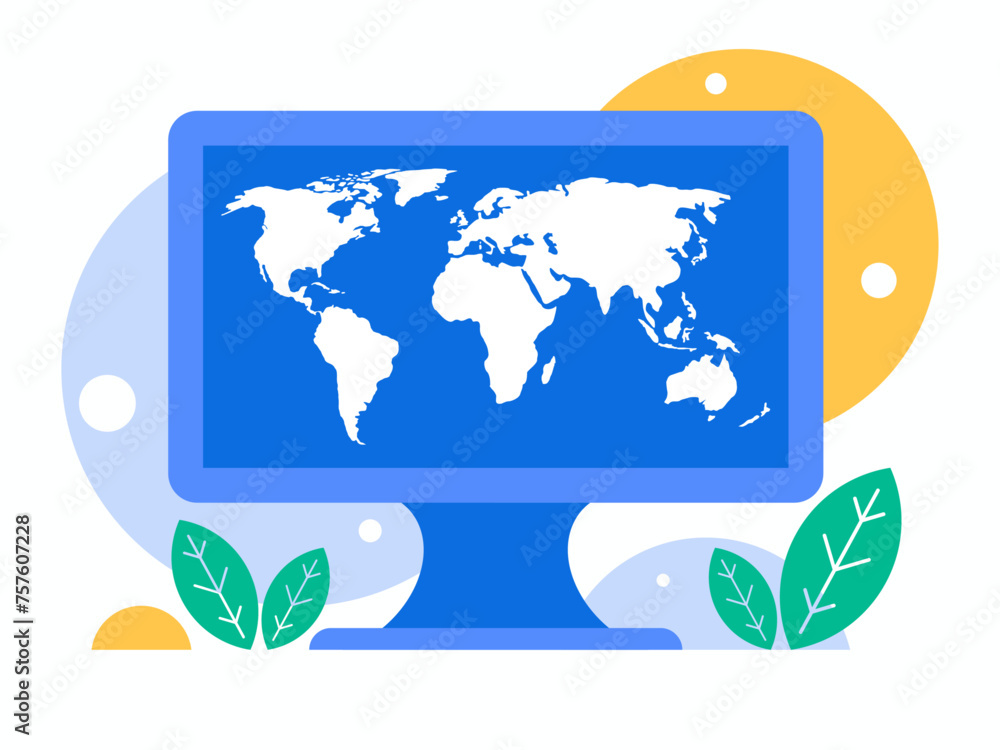 Poster world map on computer display. background with monitor. vector graphics
