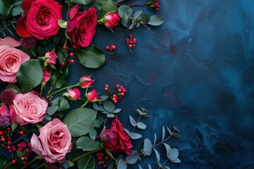 Flowers composition. Frame made of pink and red roses on dark blue background. Vintage backdrop. Flat lay, top view, copy space