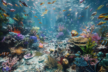 Naklejka na ściany i meble Bustling underwater scene with colorful coral, fish, and marine life in clear waters