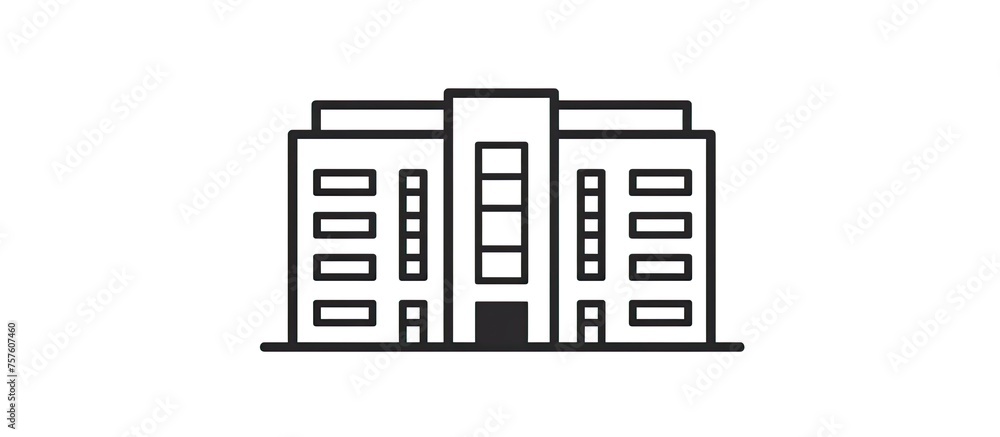Poster a minimalist black and white drawing of a large rectangular building with parallel lines, featuring 