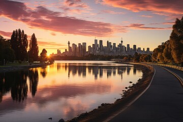 City skyline reflected in lake at sunset, creating a stunning natural landscape
