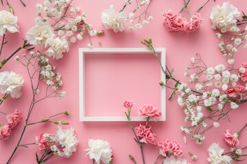 Pink greeting card. Flowers composition. Frame made of carnation flowers on pink background. Flat lay, top view, copy space