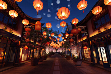 Traditional lanterns illuminate an old street at dusk, creating a magical atmosphere