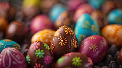 Fototapeta na wymiar Closeup of chocolate easter eggs on wooden background, shallow depth of field