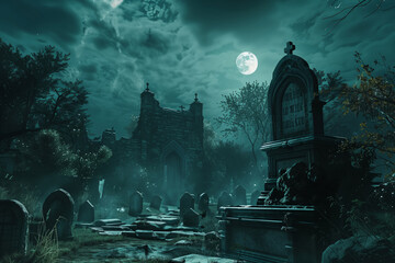Eerie full moon over an ancient graveyard with fog and crypts