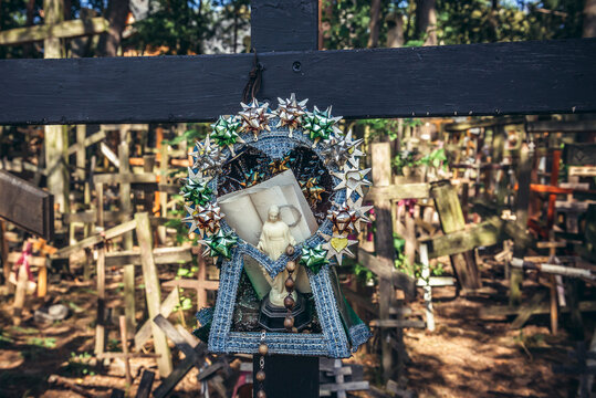 Cross on Holy Mountain of Grabarka, hill of crosses and Orthodox sanctuary in Poland