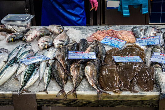 Fishes for sale on Mercado do Livramento food market in Setubal city, Portugal