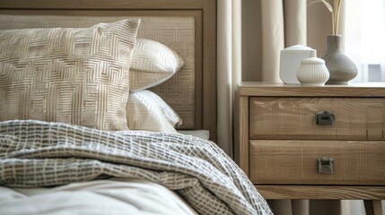Bedroom design. Bedside cabinet near bed with beige bedding. French country interior design of modern bedroom 