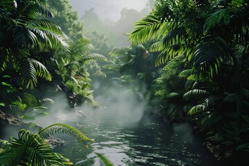 Serene river flowing through a lush, foggy tropical jungle, illuminated by soft sunlight