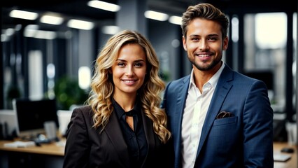 Fototapeta na wymiar A woman and a man in suits are in a good mood. Employees of a successful company.