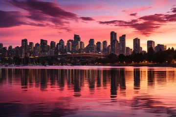 Foto op Plexiglas City skyline mirrors in water during sunset, creating a beautiful afterglow © Yuchen