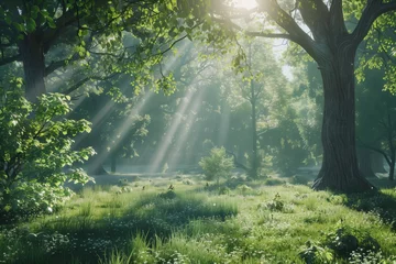 Tuinposter Serene and peaceful enchanted forest with lush greenery and vibrant sunlight rays in the morning © Татьяна Евдокимова