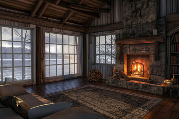 Inviting modern cabin living room with a roaring fire and snowy landscape through large windows - obrazy, fototapety, plakaty