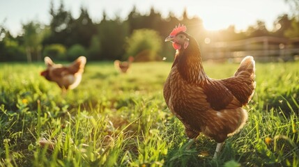 Free range chicken farm and sustainable agriculture. Organic poultry farming. Free range chicken in agriculture grass field