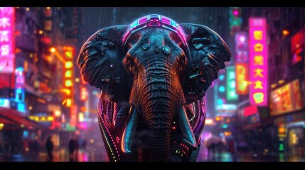 Futuristic Elephant Adorned in Technological Finery Strolls Through a Neon-Illuminated Cityscape