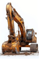 A yellow excavator is digging the ground. Isolated on a white background. Illustration