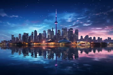 Poster Torontos skyline mirrored in water at night, illuminated by city lights © Yuchen